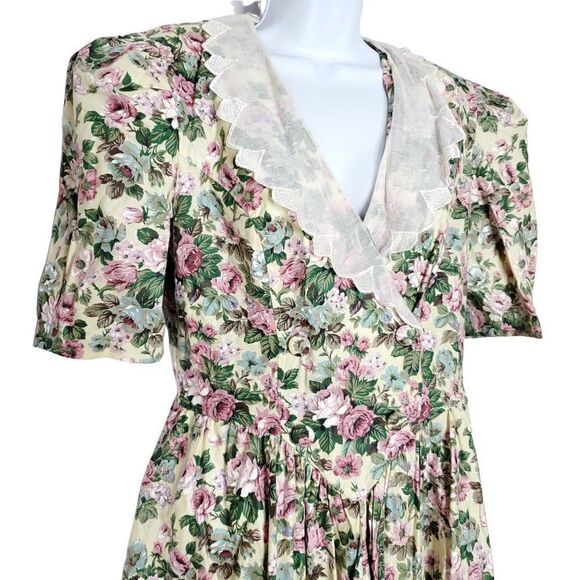 Vintage Floral Cottage Core Prairie Dress 11 12 Yellow Puff Sleeve Pink Blue - Picture 2 of 7